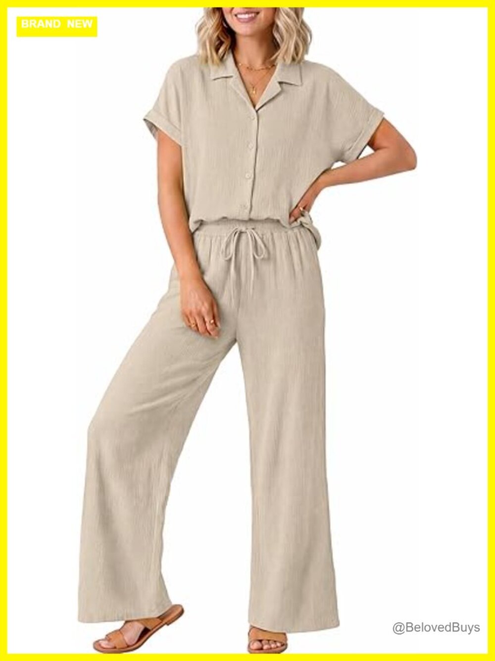 Two Piece Pant Set with Button Down Shirt and Wide Leg Pants